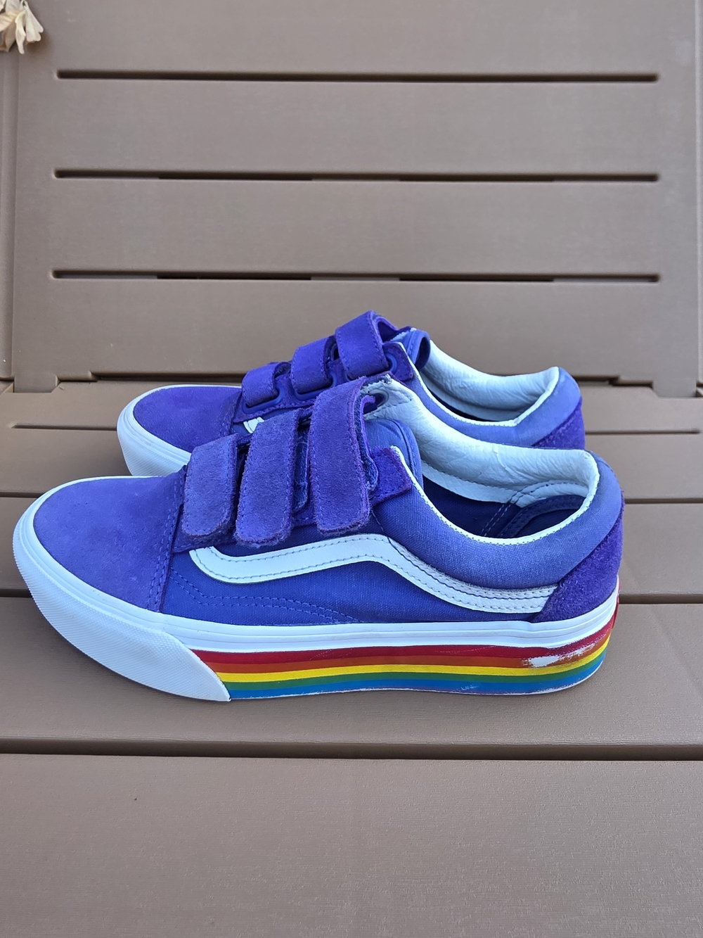 Vans Kids' Purple Rainbow Stripe Old Skool Velcro Sneakers